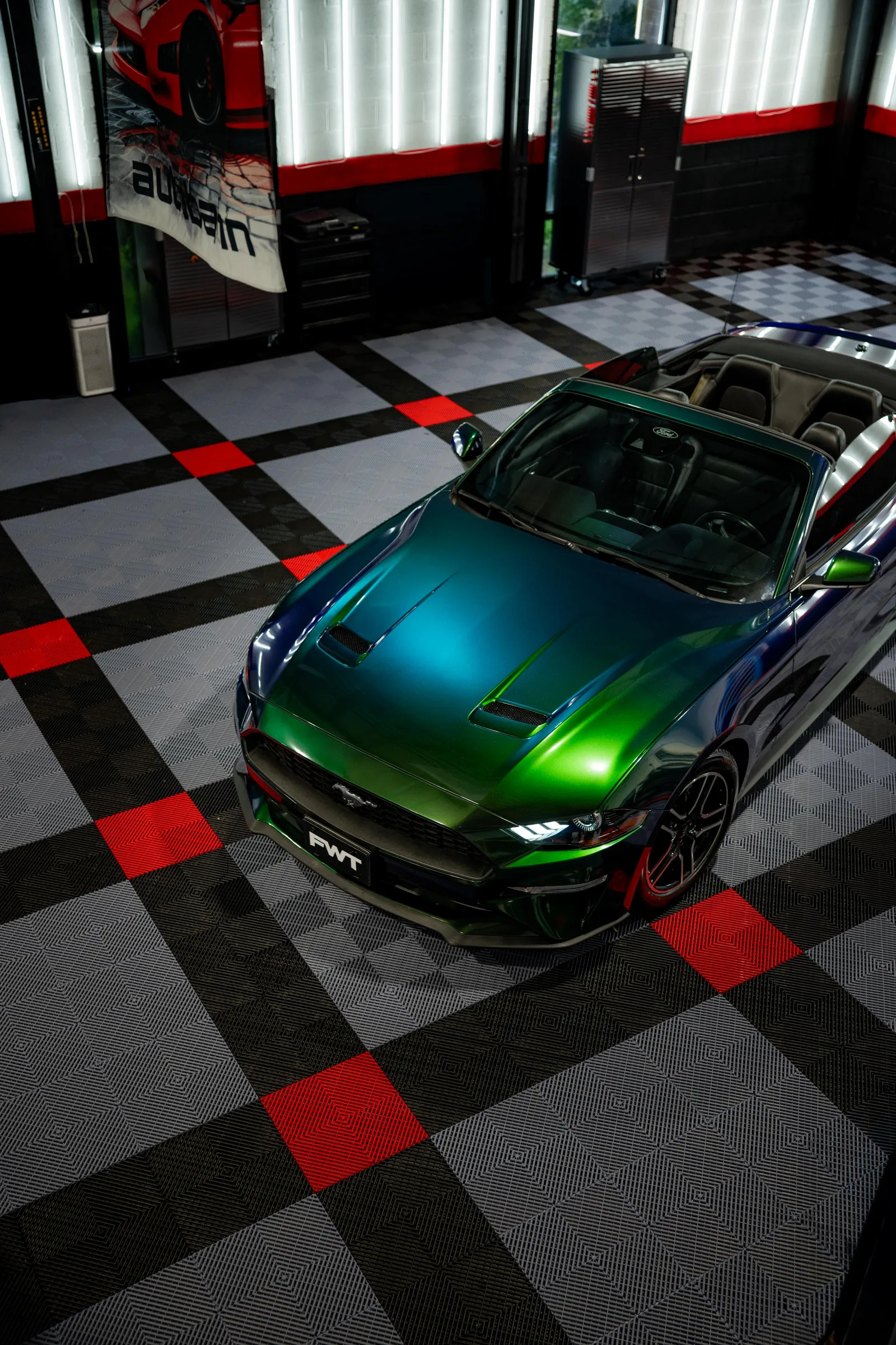 A Ford Mustang with a vinyl wrap, installed at Frederick Window Tinting in Frederick, MD.